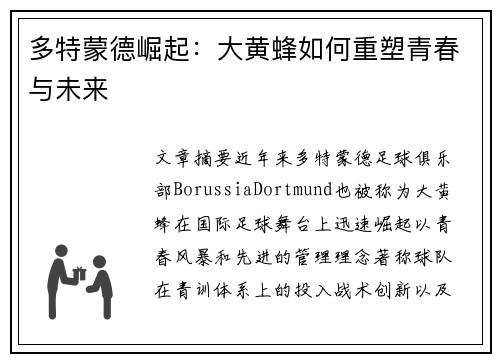多特蒙德崛起：大黄蜂如何重塑青春与未来