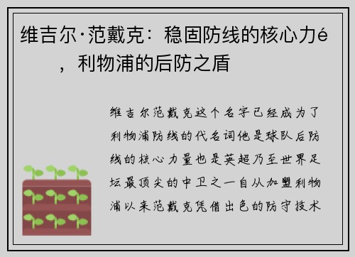 维吉尔·范戴克：稳固防线的核心力量，利物浦的后防之盾
