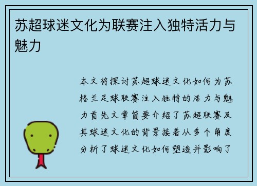 苏超球迷文化为联赛注入独特活力与魅力